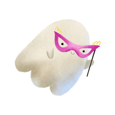 fairy ghost with masquerade pink mask. Cute casper. Childish halloween isolated illustrationの写真素材