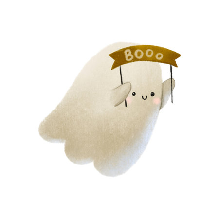 cute white casper with boo description. Cartoon ghost isolated illustrationの写真素材