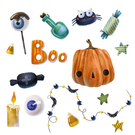 Clipart with Halloween isolated elements. Set with pumpkin, eye, candle, blue eye.Holiday garland with lights, bat and cat. Black spider with big eyes. Yelow candy corns, gree bottle with elixir.の写真素材
