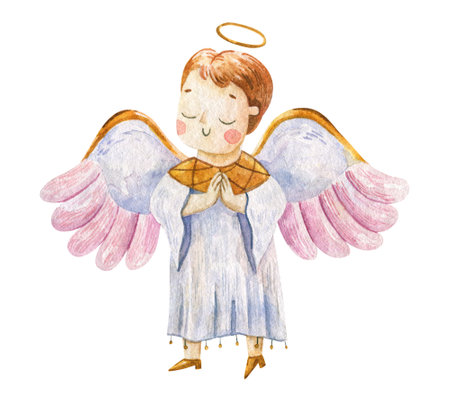 Cute caroon angel with wings snd white and golden clothes. Childish watercolor illustrationの写真素材
