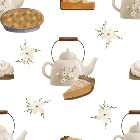 Hugge seamless pattern with white teapot and cup with flowers and leaves and pumpkin pie, piece of pie. Endless cozy isolated pattern. Autumn moodの写真素材