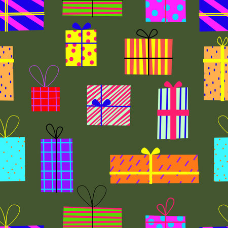 seamless apptern for celebrating. with gift boxes, presents, bows, ribbons. Rndless design on bright colored backgroundのイラスト素材