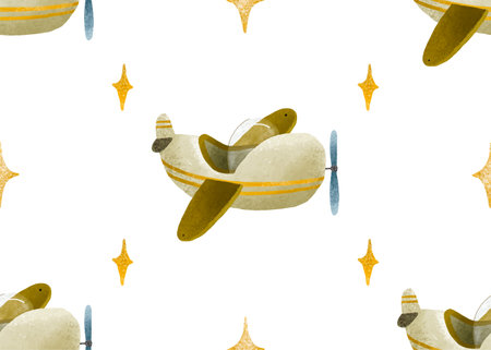 Baby print.Seamless pattern for kids.Airplane, clouds,stars.Aviation. Endless Pattern for boys. Hand-drawn seamless repeating children simple pattern with aircraft and clouds in Scandinavian style. Kids background.Vintage plane.のイラスト素材