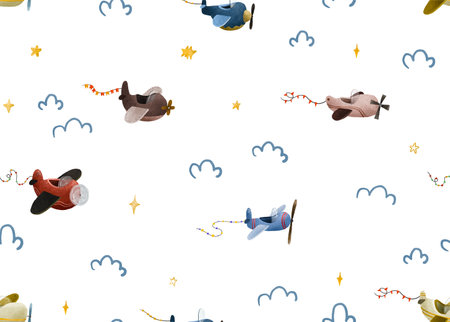 Baby print.Seamless pattern for kids.Airplane, clouds,stars.Aviation. Endless Pattern for boys. Hand-drawn seamless repeating children simple pattern with aircraft and clouds in Scandinavian style. Kids background.Vintage plane.のイラスト素材