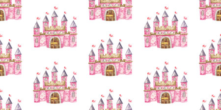 endless wrapping paper with girls, princess with long hair and bright dresses. Cute baby clipart. Watercolor illustration seamless pattern for childish design, print, nursery, background, wallartの写真素材