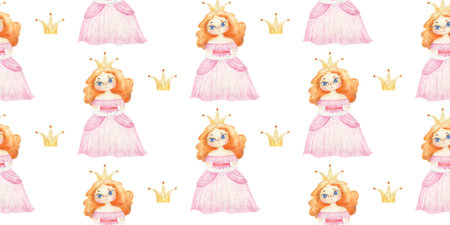 endless wrapping paper with girls, princess with long hair and bright dresses. Cute baby clipart. Watercolor illustration seamless pattern for childish design, print, nursery, background, wallartの写真素材