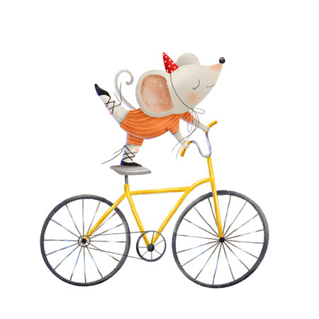 A little mouse in a clown hat and bright overalls rides a yellow bicycle on one leg. Cute fantastic circus illustration. Children's circus show performanceの写真素材