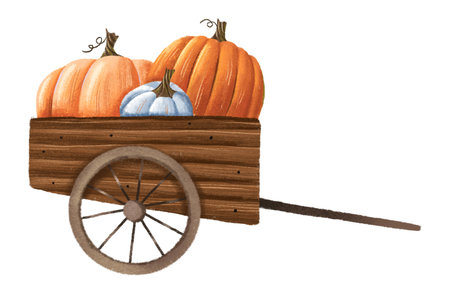 Pumpkin harvest with wooden cart on wheel. Pumpkins on a wooden wheelbarrow. Fresh Organic Products from Farmers Market.の写真素材