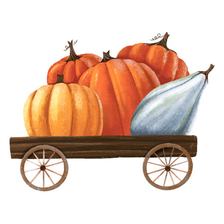 Wooden cart on wheels with harvest. Vegetables, pumpkins. Hand drawn isolated illustration. Autumn moodの写真素材