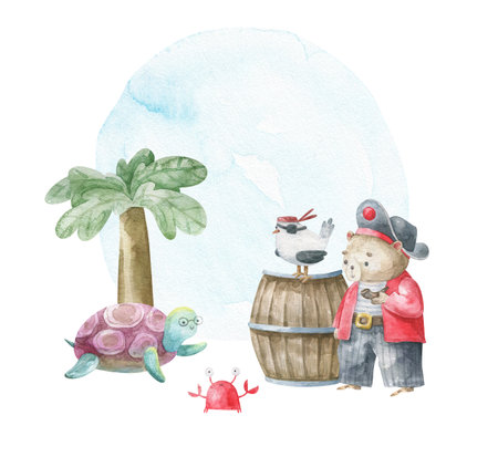 Cute animals pirates and sea adventure. Bear, seagull, turtle, palm, crab. Children's party invitation. Poster. Watercolor illustration on Isolated background.の写真素材