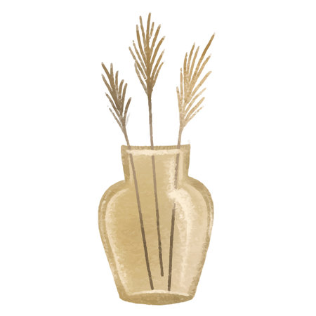 Dead wood, dry spikelets. Houseplant in pot. Home flower. Isolated illustration with indoor plant. Cozy homeのイラスト素材