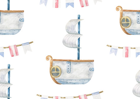 hand painted seamless pattern with blue ships and celebrating flags. Nautical endless design. Funny ocean background for kids. Isolated illustration. and Adventureのイラスト素材
