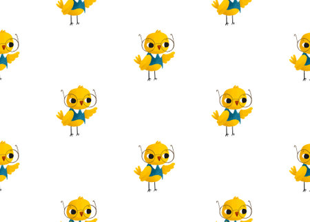 A little yellow chicken with glasses waves his hand. School seamless pattern for childrenのイラスト素材