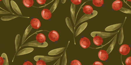Seamless pattern with berries on green brach. Autumn endless design
