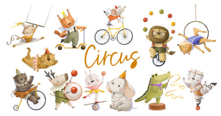 Collection with forest wild animals in circus. Circus performers. Theater performance childish coot illustration isolated backgroundのイラスト素材