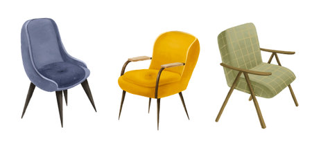 set of hand painted cartoon arm chairs. Interior of living roomのイラスト素材