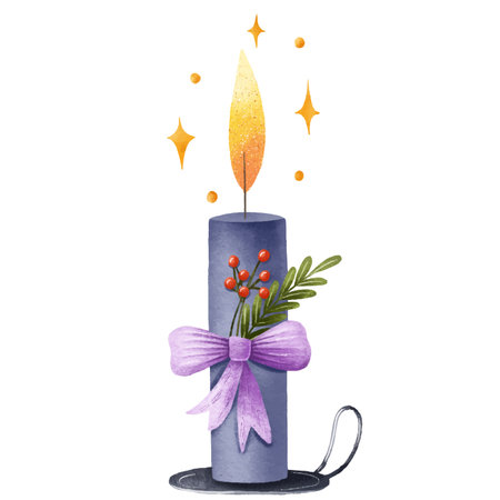 Candle and candle holder cartoon hand painted isolated illustration. Christmas candle with winter cozy decor. Isolated objectのイラスト素材
