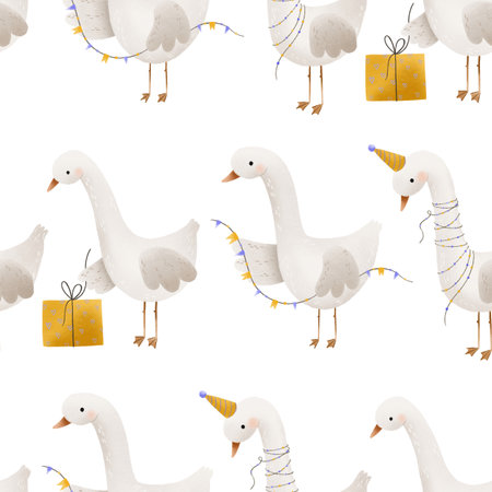 Ducks are preparing for a birthday party seamless pattern. Hand drawn illustration of cute characters gift boxes and light bulbs garland. Simple kids illustration on isolated backgroundの写真素材