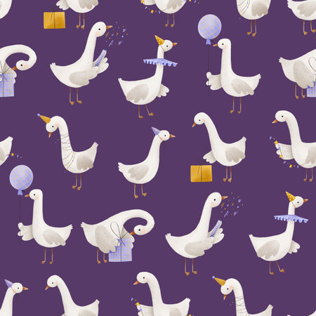 Seamless pattern with geese. Geese celebrate holidays with gifts, balloons and garlands. Crackers and confetti. Cute children's birthday design. Square seamless backgroundの写真素材
