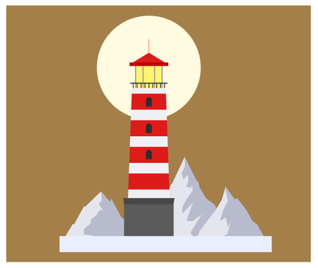 Red Lighthouses. Vector banner of cartoon flat lighthouses. Lighthouse beacon and marine seaside architecture flat style. Floodlight towers. Mountainsのイラスト素材