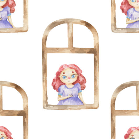 seamless pattern with window and princess. Fairy tale. Cute princess in beautiful dress. Wrapping paper, background, wallartのイラスト素材