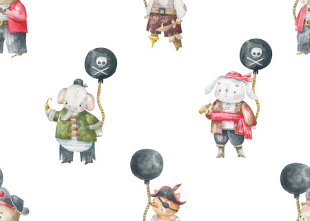 Seamless pattern with wild animals in pirate costumes holding balloons. Pirate party for children. Cute background for baby items and baby room design. Festive backgroundのイラスト素材