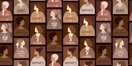 Hand drawn different female flat faces seamless pattern. Trendy woman face and minimal girl face. Happy international women's day. 8 march. Spring patternの写真素材