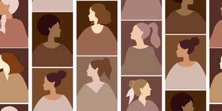 Seamless pattern of Female diverse faces of different ethnicity. International women's day hand...