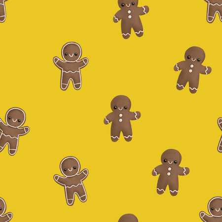 Gingerbread Man cookie seamless pattern, hand drawn background. Bright yellow pattern