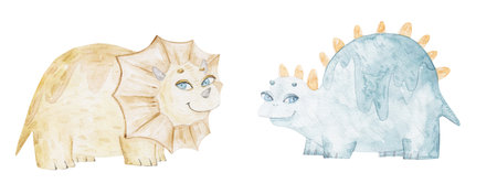 baby dinosaurs with big eyes, cute watercolor childrens illustration on white backgroundの写真素材