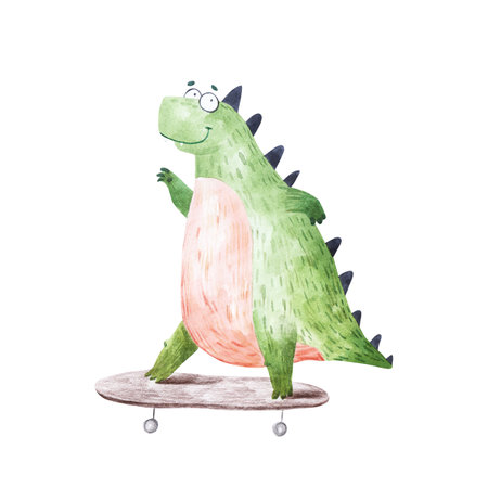 green dinosaur on skateboard, cute watercolor childrens illustration on white backgroundの写真素材