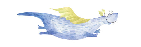 blue dinosaur dragon with green wings, cute watercolor childrens illustration isolated on white backgroundの写真素材