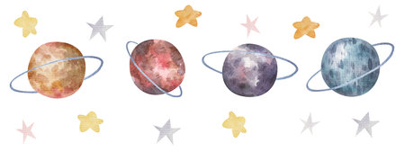 space set with planets, orbits, stars, cute watercolor childrens illustration