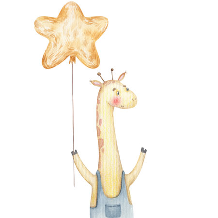 cute animals with balloons, cute baby watercolor illustrationの写真素材