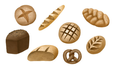 Set of fresh breads. Breads and pastry isolated clipart. Collection of fresh healthy freshly baked bread. Hand drawn isolated illustration of Loaf of bread.の写真素材