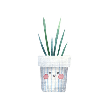home flower, succulent plant in striped flowerpot with cute face, childrens watercolor illustration on white backgroundの写真素材