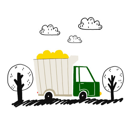 A simple children's illustration with a car. Poster with a box truck driving between trees. Doodle Cityscape. Cute illustration on isolated background.の写真素材