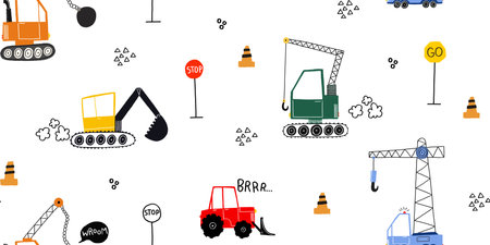 Urban pattern with heavy construction technicians. Simple hand drawn background for boys. Seamless background with cars. Design and Printing, Textiles, Wrapping Paper and Children's Roomの写真素材