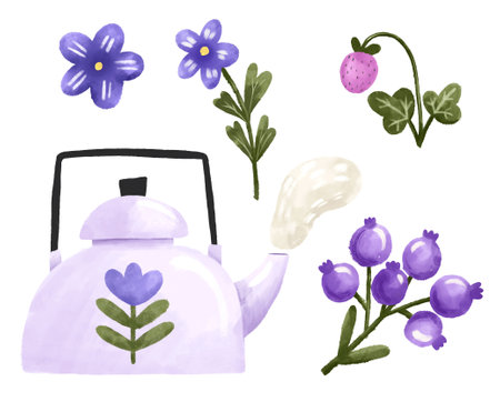 Spring set with purple teapot, blueberries and strawberries. Botanical set. Cute hand drawn illustration on isolated backgroundの写真素材