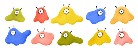 A set of hand-drawn slimes with eyes and horns. Scary illustration with cartoon cyclops. Colored...