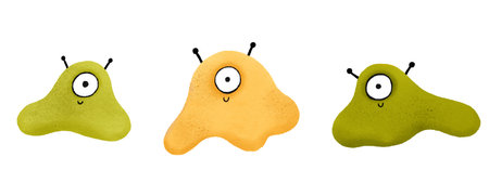 A set of hand-drawn slimes with eyes and horns. Scary illustration with cartoon cyclops. Colored character. Children's illustration isolated. Ideal for design and printの写真素材
