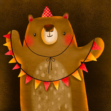 Cartoon bear celebrating his birthday.A bear with a festive garland and a cap. Forest animals. Postcard for children's party. Hand drawn cute illustration on dark backgroundの写真素材