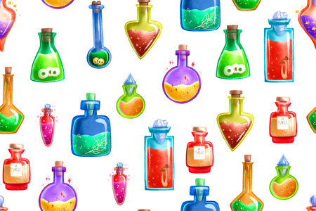 Seamless pattern with glass flasks. Magic potions. Tinctures and magic elixirs. Wrapping paper. Illustration entitled. Magic potions with eyes, skulls, glibs. Black magicの写真素材