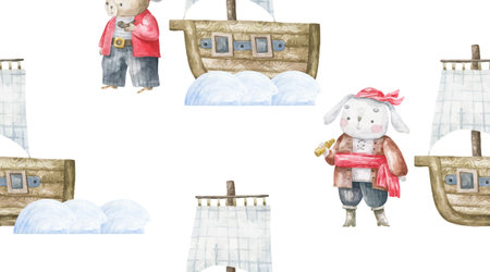 endless pattern with sea, pirates ship, boat. Water transport. Oceania life. Cute animal character, pirate in hat. Seamless backgroundの写真素材