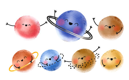 Set of planets and space, hand drawn illustrations. Solar system with planets. Cute illustration of...
