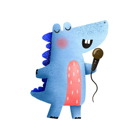 Cartoon hand drawn dinosaur singing a song with a microphone Musician artist Dinosaur rockstar Graphic for typography poster, card label flyer page banner baby wear nursery Illustrationの写真素材