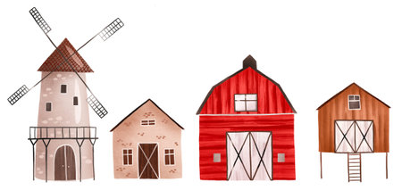 Set of cartoon houses. Rural farm houses. Outbuildings. Vintage windmill. Children's hand drawn...