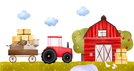 Rural composition with dertractor and cows, haystock in wooden trolley. Red farmhouse and fruit trees. Good for nursery and kids designの写真素材