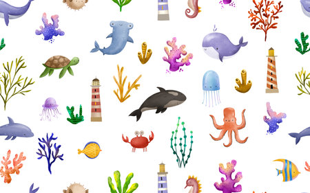 Seamless background with hand-drawn sea with fish and corals, algae and shells. Underwater sea world. Oceania. Decorative fish. Children's hand drawn illustration on isolated backgroundの写真素材