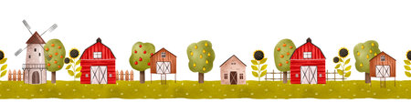 Rural border seamless pattern with houses< windmill and farmhouse. Landscape endless background with flowers and fruit trees. Use for wrapping paper, clothes, Wallpaper and nurseryの写真素材